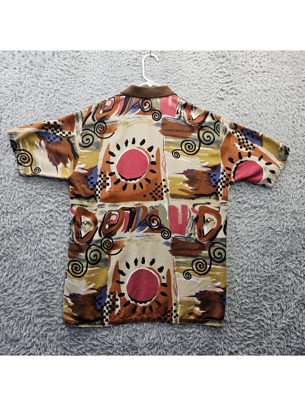Vintage 70s ACEWIN Polo Shirt Rayon Men Large Art Abstract All Over Print - Picture 6 of 11